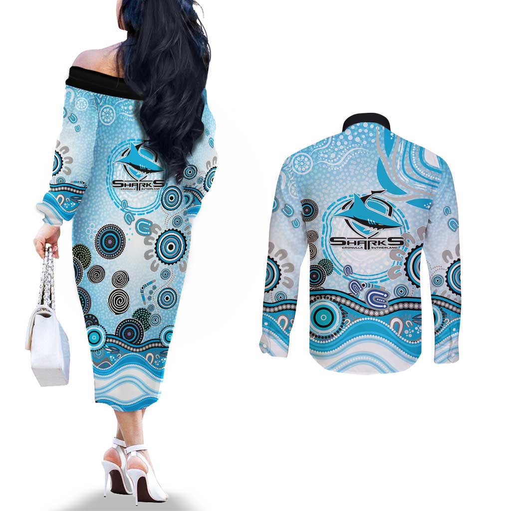 Cronulla Sutherland Sharks Rugby Couples Matching Off The Shoulder Long Sleeve Dress and Long Sleeve Button Shirt Australian Aboriginal Dot Painting Style