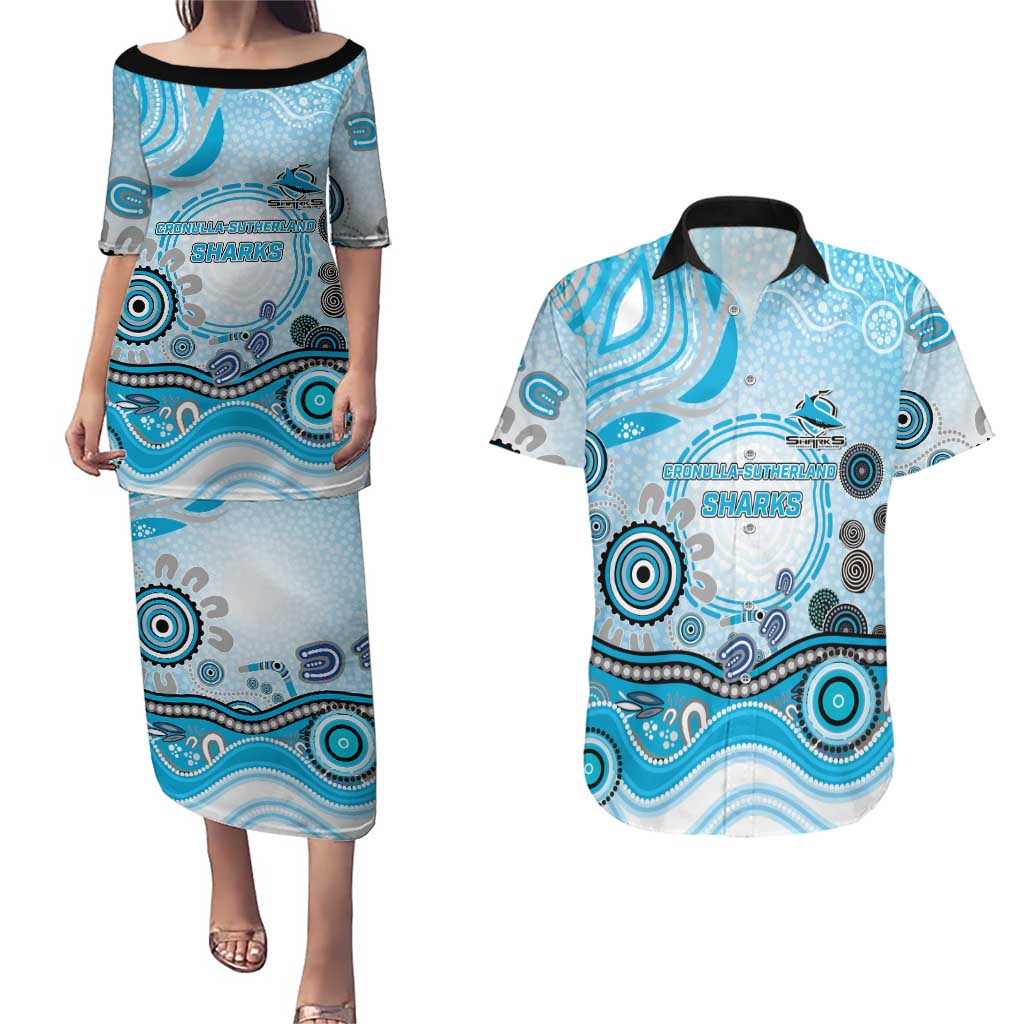 Cronulla Sutherland Sharks Rugby Couples Matching Puletasi and Hawaiian Shirt Australian Aboriginal Dot Painting Style