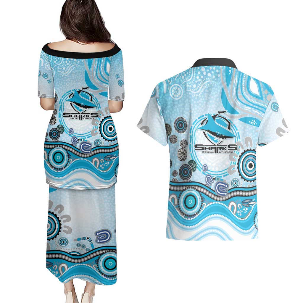 Cronulla Sutherland Sharks Rugby Couples Matching Puletasi and Hawaiian Shirt Australian Aboriginal Dot Painting Style