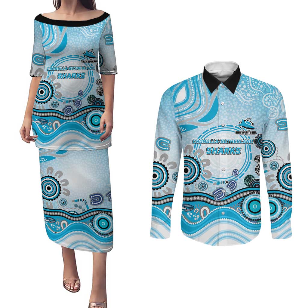 Cronulla Sutherland Sharks Rugby Couples Matching Puletasi and Long Sleeve Button Shirt Australian Aboriginal Dot Painting Style