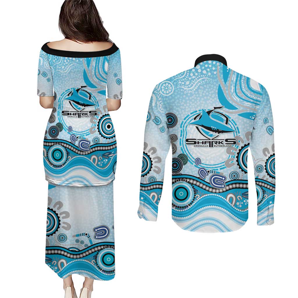 Cronulla Sutherland Sharks Rugby Couples Matching Puletasi and Long Sleeve Button Shirt Australian Aboriginal Dot Painting Style