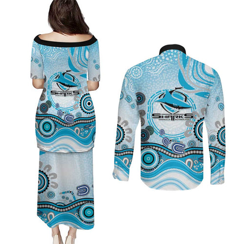 Cronulla Sutherland Sharks Rugby Couples Matching Puletasi and Long Sleeve Button Shirt Australian Aboriginal Dot Painting Style