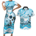 Cronulla Sutherland Sharks Rugby Couples Matching Short Sleeve Bodycon Dress and Hawaiian Shirt Australian Aboriginal Dot Painting Style