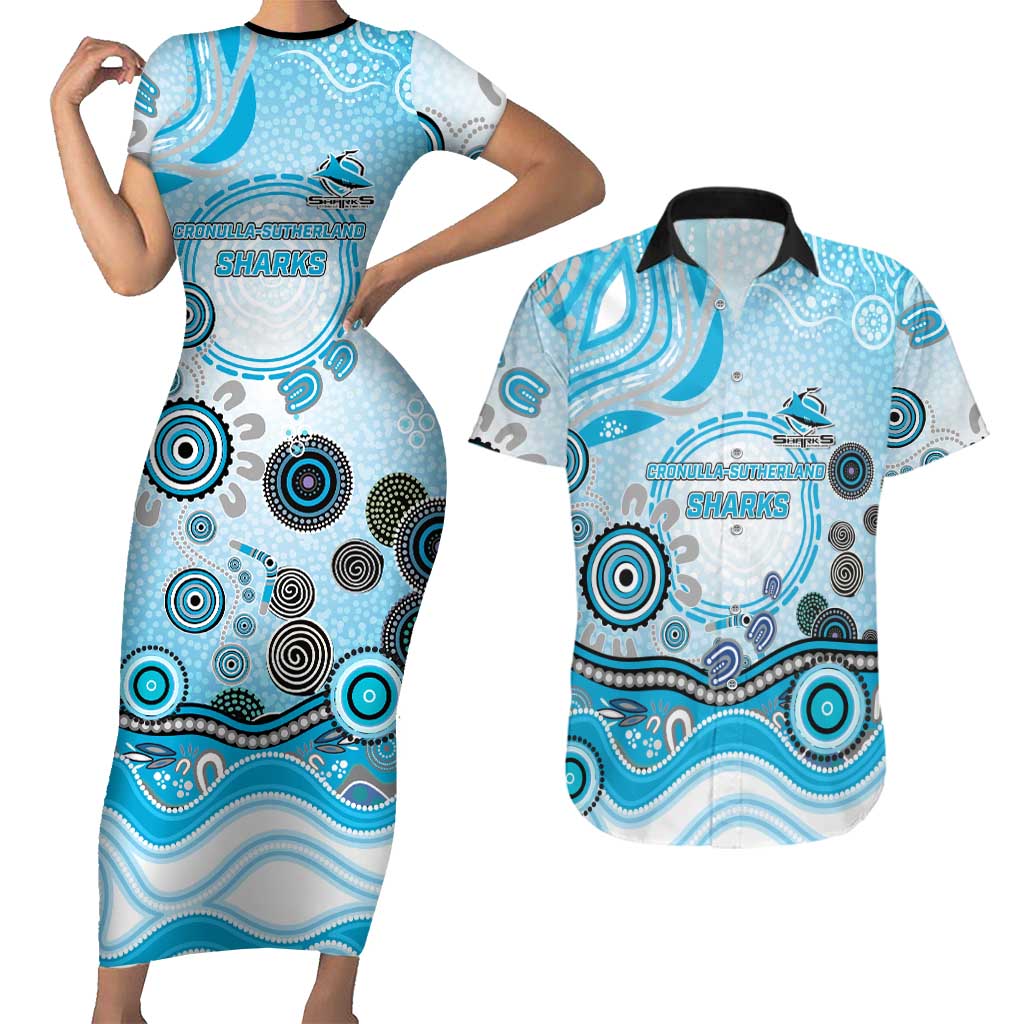 Cronulla Sutherland Sharks Rugby Couples Matching Short Sleeve Bodycon Dress and Hawaiian Shirt Australian Aboriginal Dot Painting Style