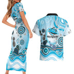 Cronulla Sutherland Sharks Rugby Couples Matching Short Sleeve Bodycon Dress and Hawaiian Shirt Australian Aboriginal Dot Painting Style