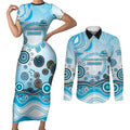 Cronulla Sutherland Sharks Rugby Couples Matching Short Sleeve Bodycon Dress and Long Sleeve Button Shirt Australian Aboriginal Dot Painting Style