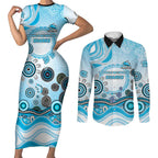 Cronulla Sutherland Sharks Rugby Couples Matching Short Sleeve Bodycon Dress and Long Sleeve Button Shirt Australian Aboriginal Dot Painting Style