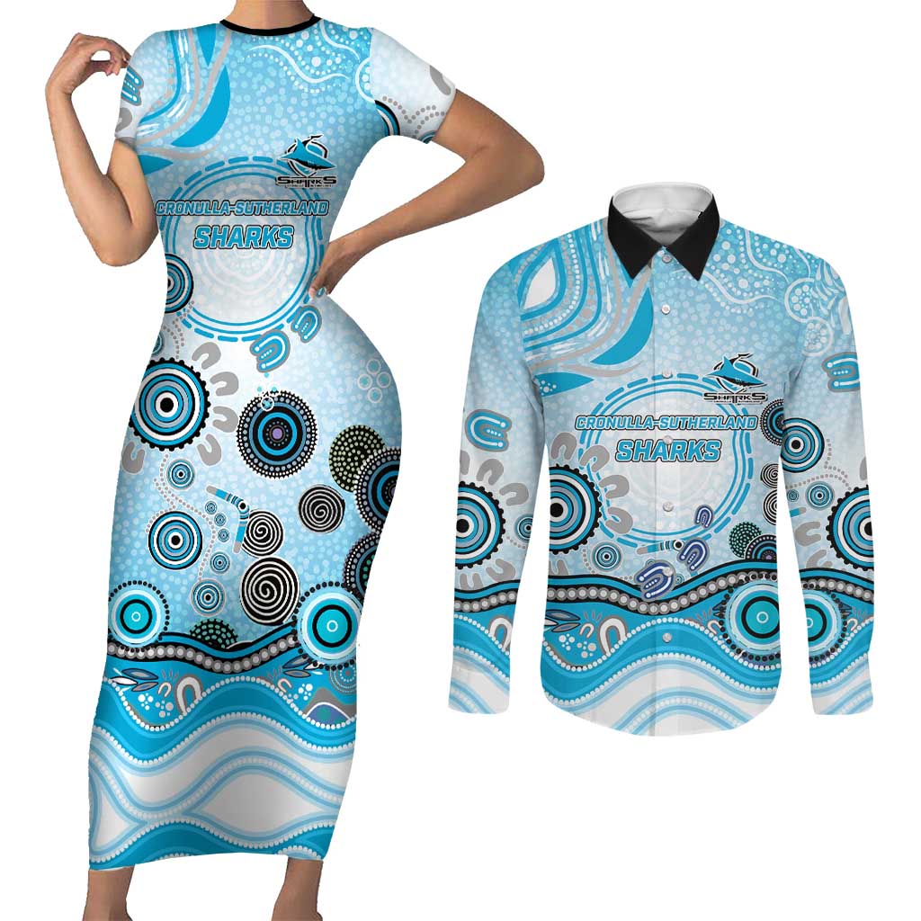 Cronulla Sutherland Sharks Rugby Couples Matching Short Sleeve Bodycon Dress and Long Sleeve Button Shirt Australian Aboriginal Dot Painting Style