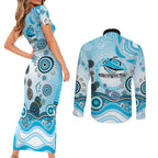 Cronulla Sutherland Sharks Rugby Couples Matching Short Sleeve Bodycon Dress and Long Sleeve Button Shirt Australian Aboriginal Dot Painting Style