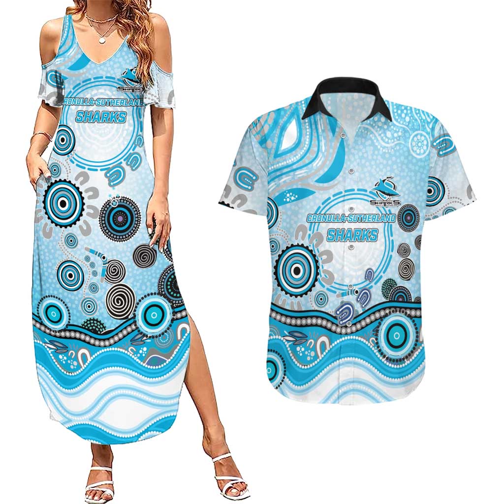 Cronulla Sutherland Sharks Rugby Couples Matching Summer Maxi Dress and Hawaiian Shirt Australian Aboriginal Dot Painting Style