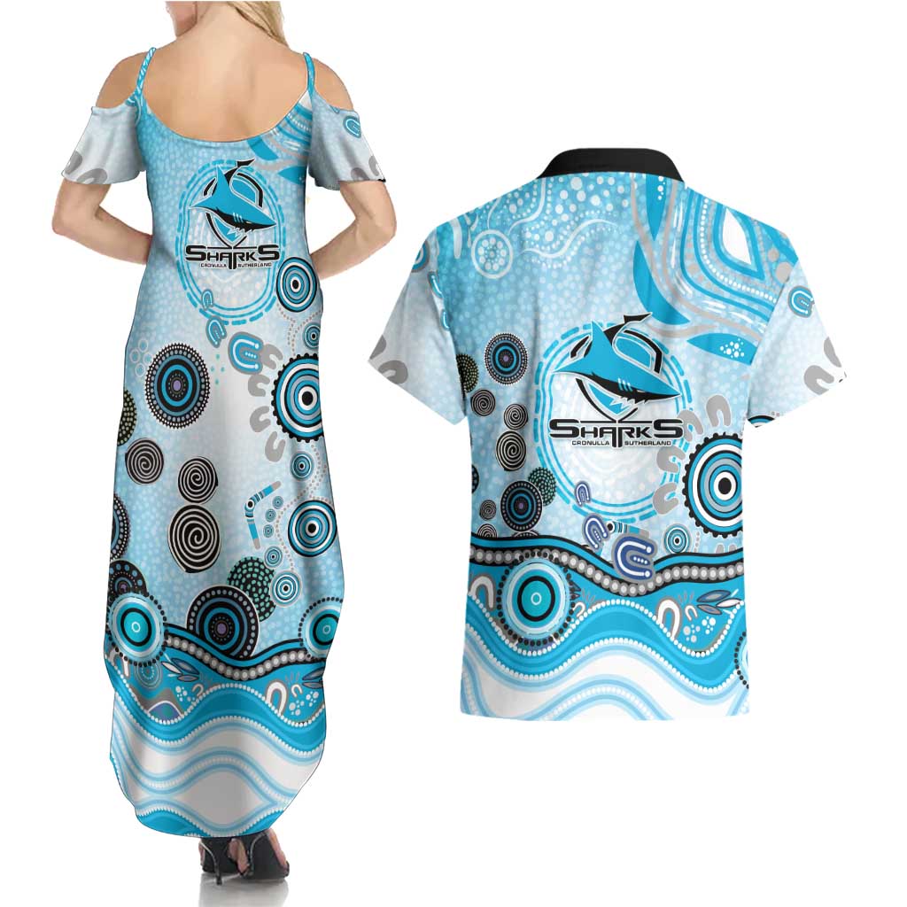 Cronulla Sutherland Sharks Rugby Couples Matching Summer Maxi Dress and Hawaiian Shirt Australian Aboriginal Dot Painting Style