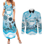 Cronulla Sutherland Sharks Rugby Couples Matching Summer Maxi Dress and Long Sleeve Button Shirt Australian Aboriginal Dot Painting Style
