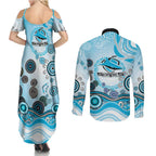 Cronulla Sutherland Sharks Rugby Couples Matching Summer Maxi Dress and Long Sleeve Button Shirt Australian Aboriginal Dot Painting Style