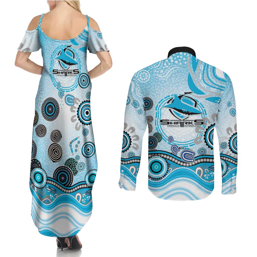 Cronulla Sutherland Sharks Rugby Couples Matching Summer Maxi Dress and Long Sleeve Button Shirt Australian Aboriginal Dot Painting Style