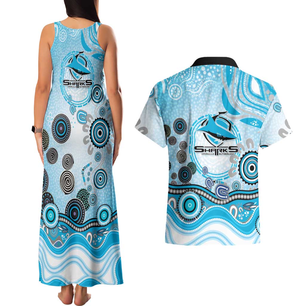 Cronulla Sutherland Sharks Rugby Couples Matching Tank Maxi Dress and Hawaiian Shirt Australian Aboriginal Dot Painting Style