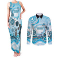 Cronulla Sutherland Sharks Rugby Couples Matching Tank Maxi Dress and Long Sleeve Button Shirt Australian Aboriginal Dot Painting Style