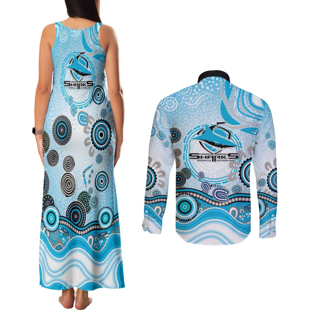 Cronulla Sutherland Sharks Rugby Couples Matching Tank Maxi Dress and Long Sleeve Button Shirt Australian Aboriginal Dot Painting Style