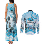 Cronulla Sutherland Sharks Rugby Couples Matching Tank Maxi Dress and Long Sleeve Button Shirt Australian Aboriginal Dot Painting Style