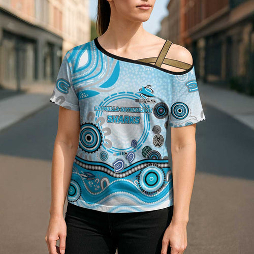 Cronulla Sutherland Sharks Rugby Cross Shoulder Shirt Australian Aboriginal Dot Painting Style