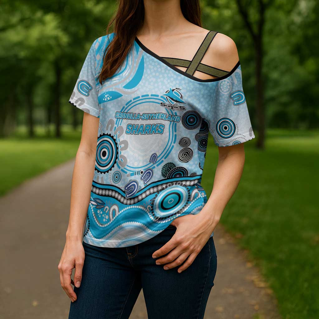 Cronulla Sutherland Sharks Rugby Cross Shoulder Shirt Australian Aboriginal Dot Painting Style