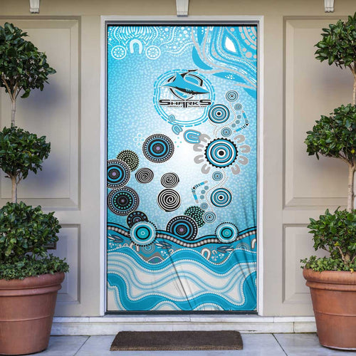 Cronulla Sutherland Sharks Rugby Door Cover Australian Aboriginal Dot Painting Style