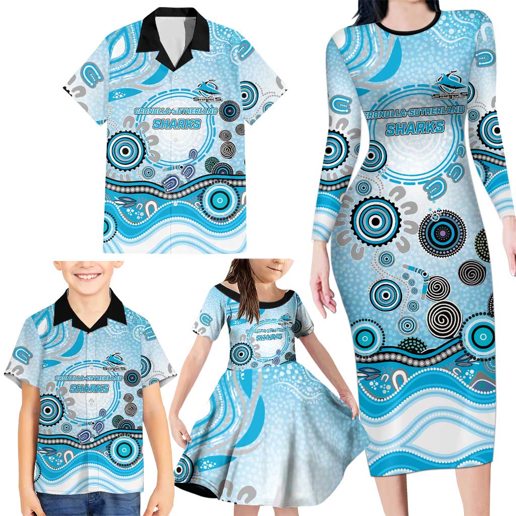 Cronulla Sutherland Sharks Rugby Family Matching Long Sleeve Bodycon Dress and Hawaiian Shirt Australian Aboriginal Dot Painting Style