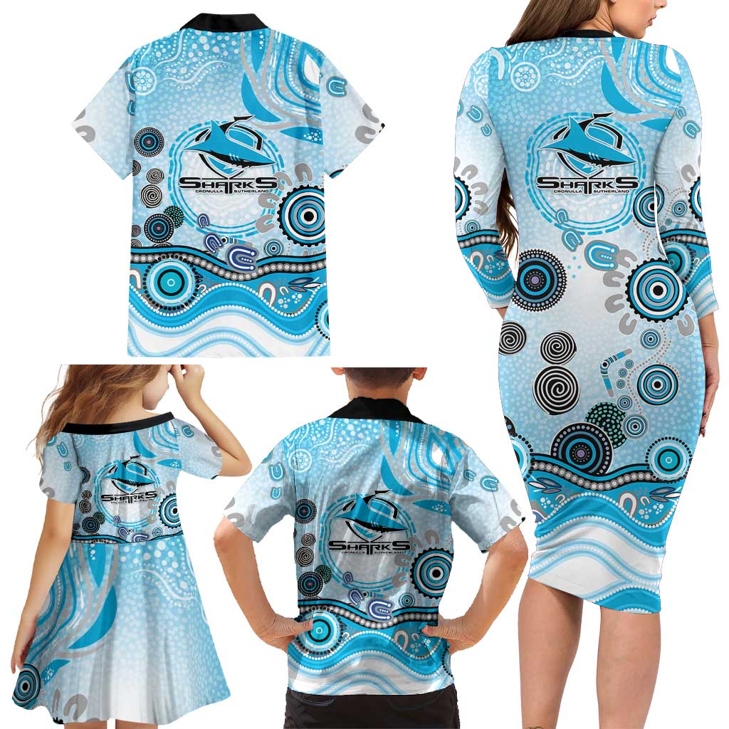 Cronulla Sutherland Sharks Rugby Family Matching Long Sleeve Bodycon Dress and Hawaiian Shirt Australian Aboriginal Dot Painting Style