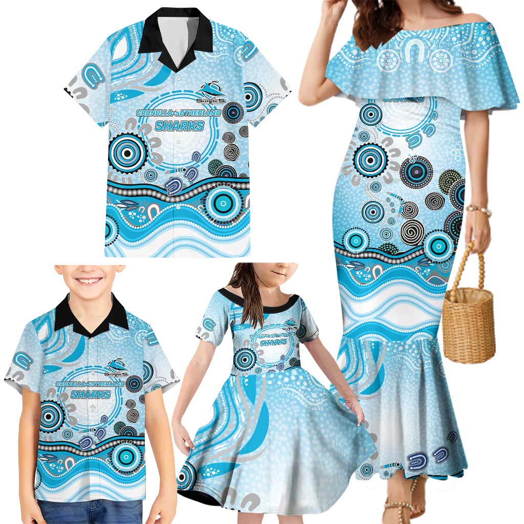 Cronulla Sutherland Sharks Rugby Family Matching Mermaid Dress and Hawaiian Shirt Australian Aboriginal Dot Painting Style