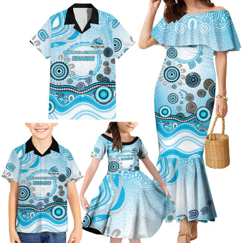 Cronulla Sutherland Sharks Rugby Family Matching Mermaid Dress and Hawaiian Shirt Australian Aboriginal Dot Painting Style