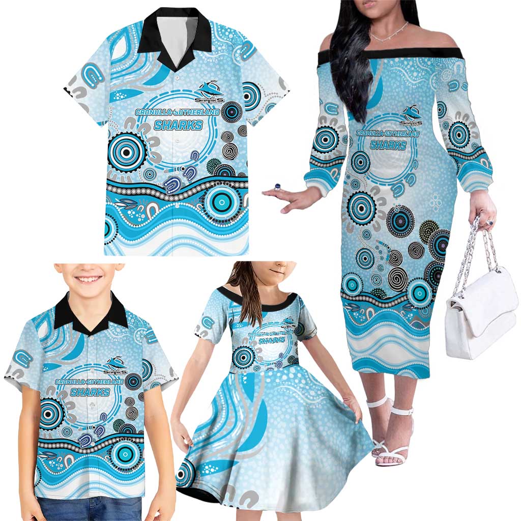 Cronulla Sutherland Sharks Rugby Family Matching Off The Shoulder Long Sleeve Dress and Hawaiian Shirt Australian Aboriginal Dot Painting Style