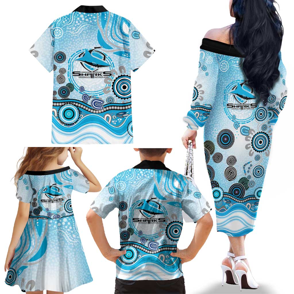 Cronulla Sutherland Sharks Rugby Family Matching Off The Shoulder Long Sleeve Dress and Hawaiian Shirt Australian Aboriginal Dot Painting Style