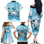 Cronulla Sutherland Sharks Rugby Family Matching Off The Shoulder Long Sleeve Dress and Hawaiian Shirt Australian Aboriginal Dot Painting Style
