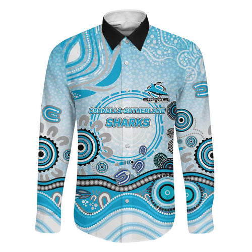 Cronulla Sutherland Sharks Rugby Family Matching Off The Shoulder Long Sleeve Dress and Hawaiian Shirt Australian Aboriginal Dot Painting Style