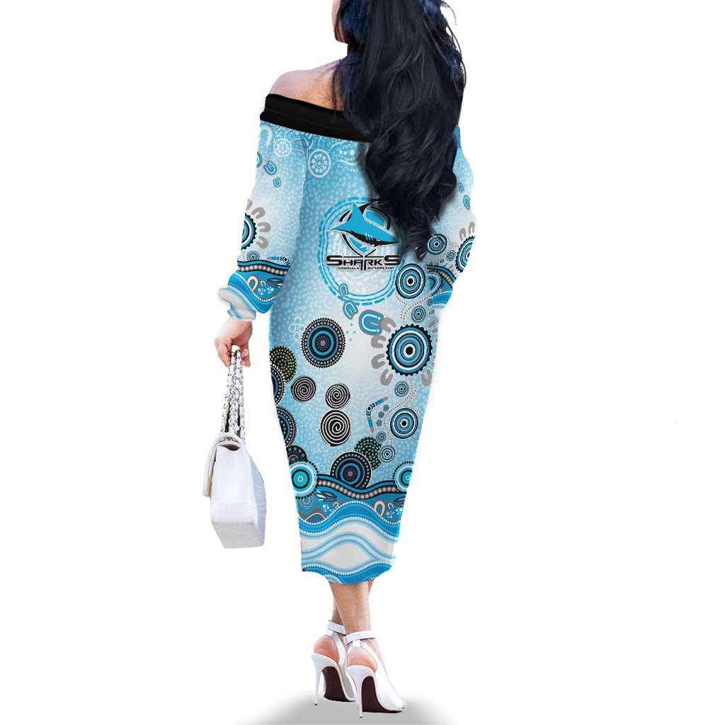 Cronulla Sutherland Sharks Rugby Family Matching Off The Shoulder Long Sleeve Dress and Hawaiian Shirt Australian Aboriginal Dot Painting Style