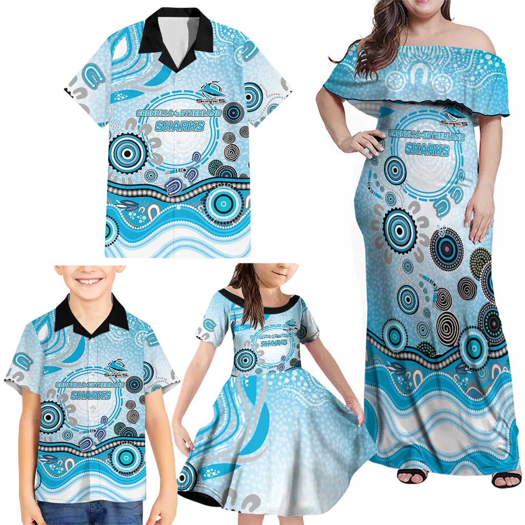 Cronulla Sutherland Sharks Rugby Family Matching Off Shoulder Maxi Dress and Hawaiian Shirt Australian Aboriginal Dot Painting Style