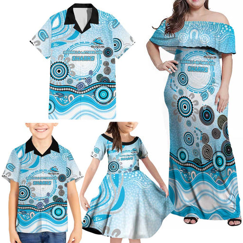 Cronulla Sutherland Sharks Rugby Family Matching Off Shoulder Maxi Dress and Hawaiian Shirt Australian Aboriginal Dot Painting Style