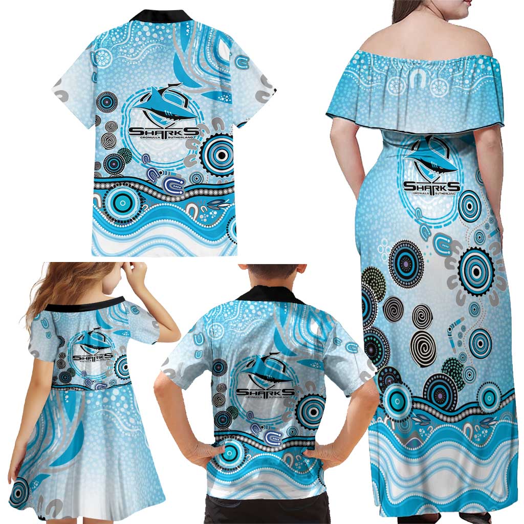 Cronulla Sutherland Sharks Rugby Family Matching Off Shoulder Maxi Dress and Hawaiian Shirt Australian Aboriginal Dot Painting Style