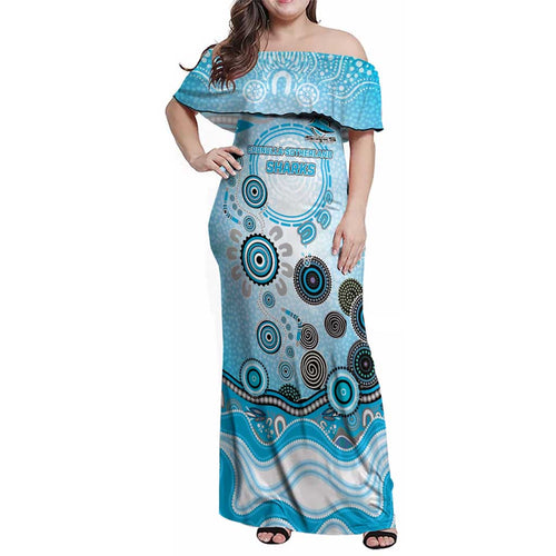 Cronulla Sutherland Sharks Rugby Family Matching Off Shoulder Maxi Dress and Hawaiian Shirt Australian Aboriginal Dot Painting Style