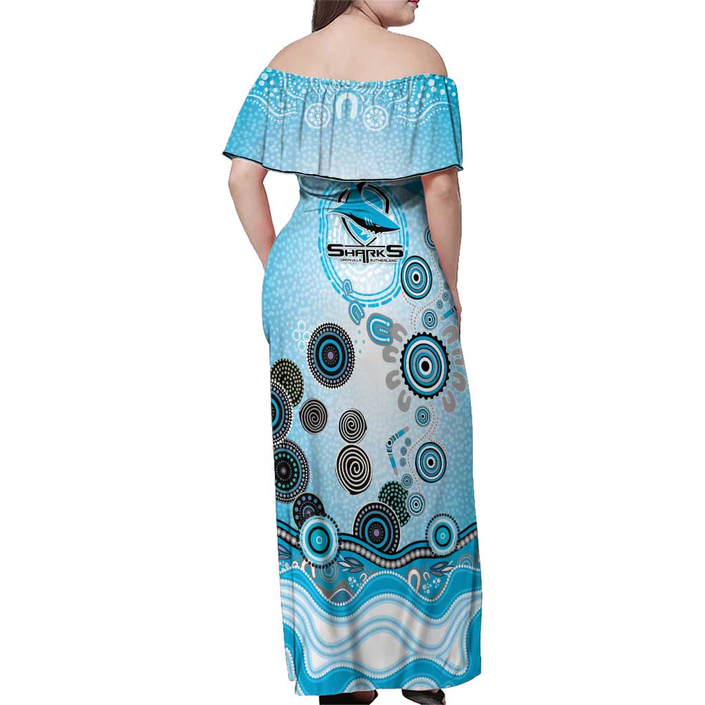 Cronulla Sutherland Sharks Rugby Family Matching Off Shoulder Maxi Dress and Hawaiian Shirt Australian Aboriginal Dot Painting Style