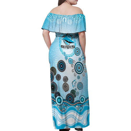 Cronulla Sutherland Sharks Rugby Family Matching Off Shoulder Maxi Dress and Hawaiian Shirt Australian Aboriginal Dot Painting Style