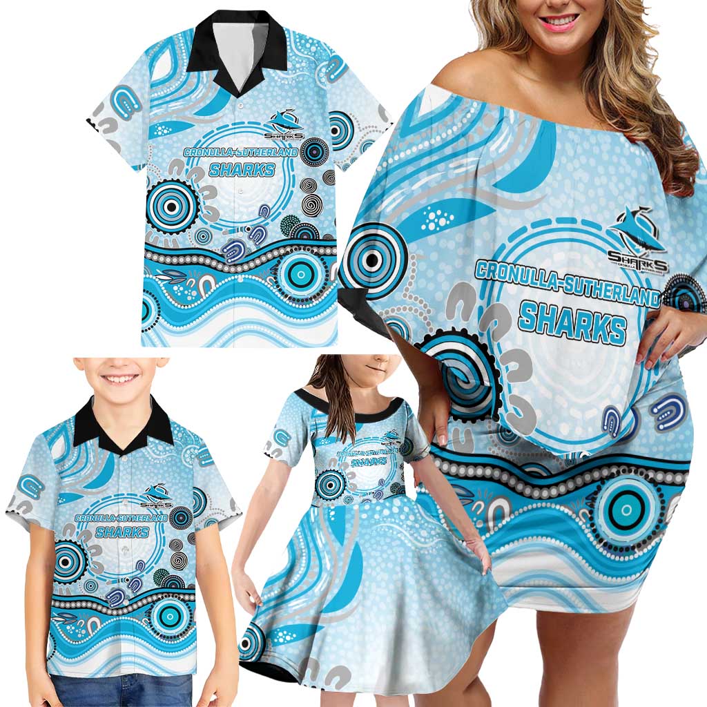 Cronulla Sutherland Sharks Rugby Family Matching Off Shoulder Short Dress and Hawaiian Shirt Australian Aboriginal Dot Painting Style
