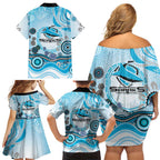 Cronulla Sutherland Sharks Rugby Family Matching Off Shoulder Short Dress and Hawaiian Shirt Australian Aboriginal Dot Painting Style