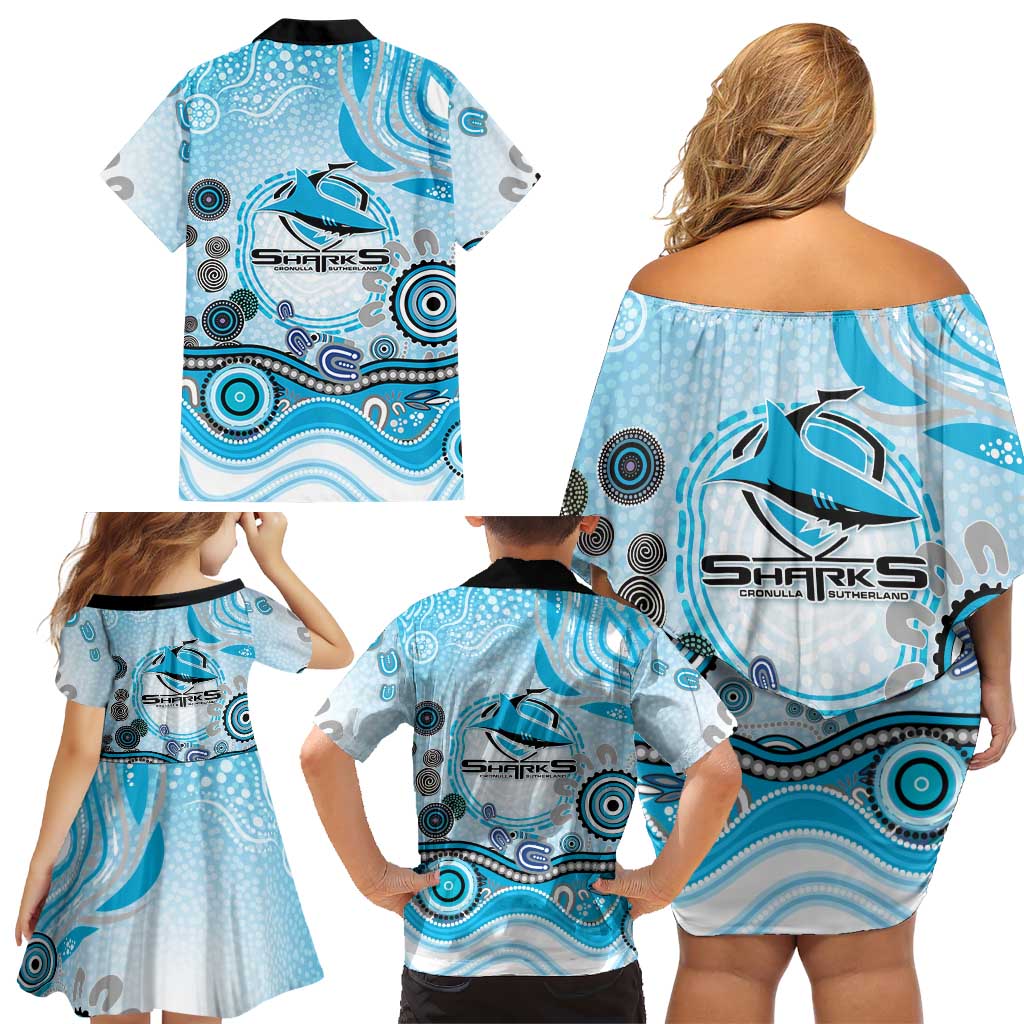 Cronulla Sutherland Sharks Rugby Family Matching Off Shoulder Short Dress and Hawaiian Shirt Australian Aboriginal Dot Painting Style