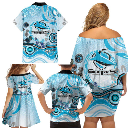 Cronulla Sutherland Sharks Rugby Family Matching Off Shoulder Short Dress and Hawaiian Shirt Australian Aboriginal Dot Painting Style
