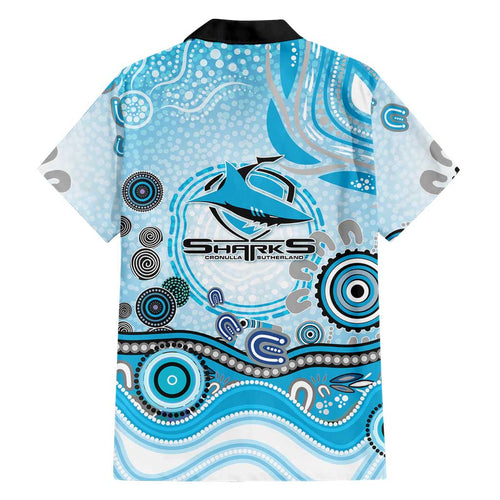 Cronulla Sutherland Sharks Rugby Family Matching Off Shoulder Short Dress and Hawaiian Shirt Australian Aboriginal Dot Painting Style