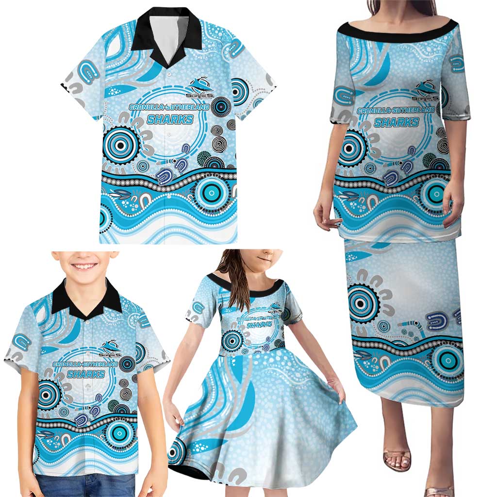 Cronulla Sutherland Sharks Rugby Family Matching Puletasi and Hawaiian Shirt Australian Aboriginal Dot Painting Style