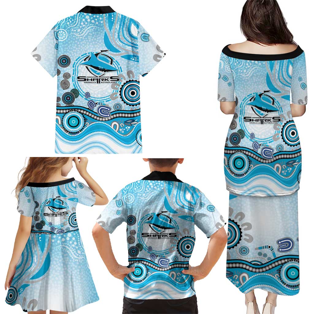 Cronulla Sutherland Sharks Rugby Family Matching Puletasi and Hawaiian Shirt Australian Aboriginal Dot Painting Style