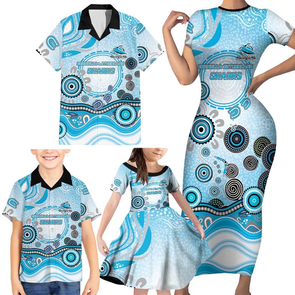 Cronulla Sutherland Sharks Rugby Family Matching Short Sleeve Bodycon Dress and Hawaiian Shirt Australian Aboriginal Dot Painting Style