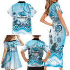 Cronulla Sutherland Sharks Rugby Family Matching Short Sleeve Bodycon Dress and Hawaiian Shirt Australian Aboriginal Dot Painting Style