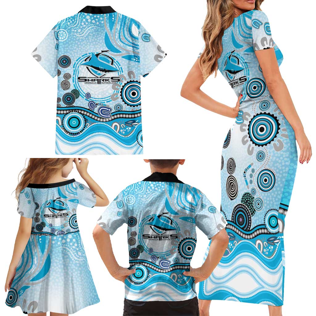 Cronulla Sutherland Sharks Rugby Family Matching Short Sleeve Bodycon Dress and Hawaiian Shirt Australian Aboriginal Dot Painting Style